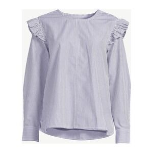 Free Assembly Blouse Blue White Striped Ruffle Shoulder Button 80s Preppy / SZ L